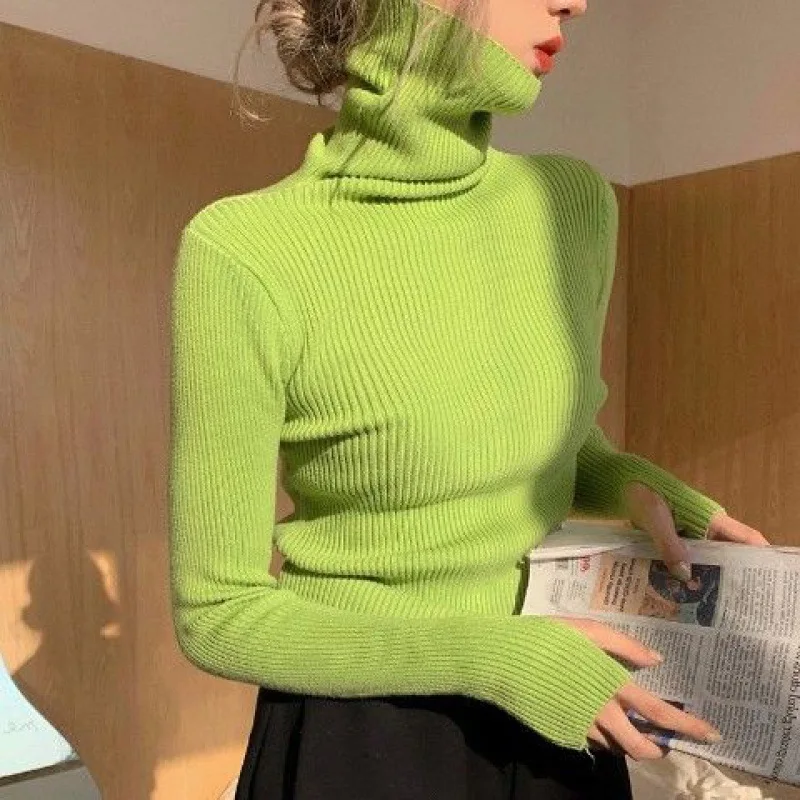 

Autumn Heaps Collar Turtleneck Sweaters Women Long Sleeve Finger Cuff Slim Pullover Solid Color Soft Basic Knitwears Tops