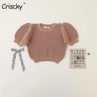 criscky girl clothes knitted t shirt spring and summer new girl tops soild bubble sleeve hollowed out t shirt korean style