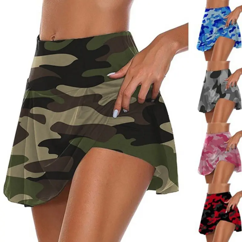 

Plus Size High Waist 2-in-1 Sport Skorts Casual Camoouflage Pleated Golf Skirts with Shorts High Street Sexy Loose Slim Clothes