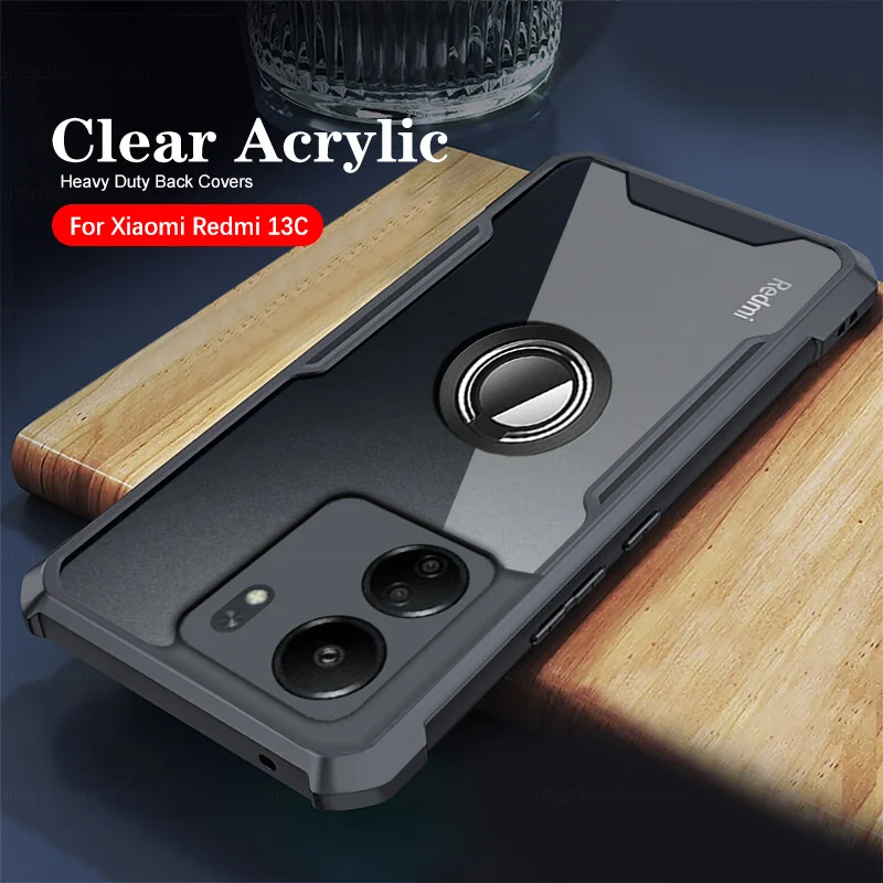 Redmi13C Etui przezroczystego akrylu TPU Ramka na telefon do Xiaomi Redmi 13C 13 C C13 4G Magnetyczny pierścień Uchwyt Wstrząsoodporny Armor
