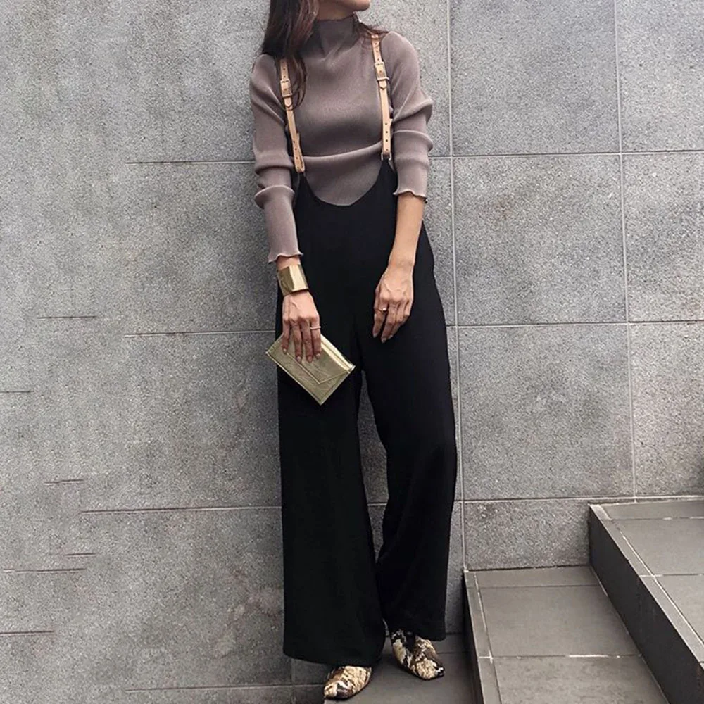 

Plain Suspenders Full Length Casual Loose Women's Jumpsuit Elegant Pocket Decor Fashion Rompers High Waist Plain Long Pants