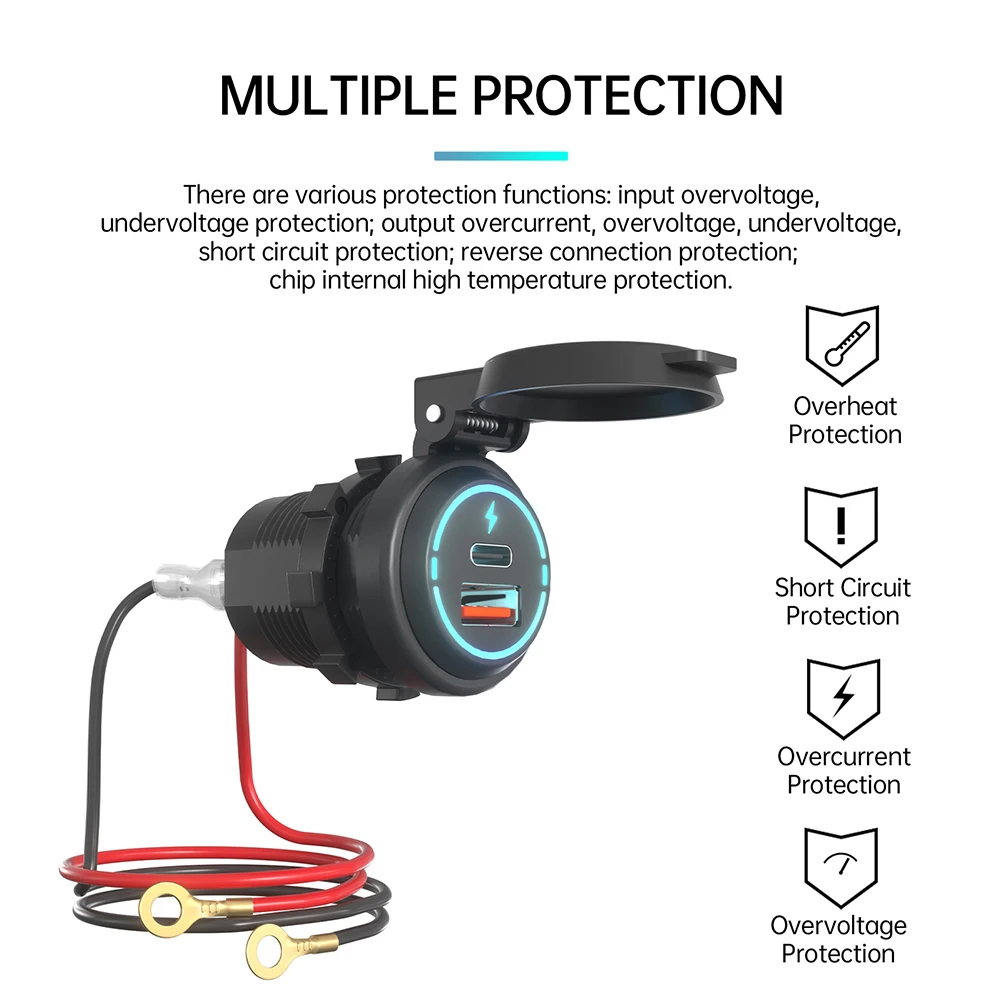 

PD Type C/QC 3.0 USB Car Charger Power Outlet Waterproof Car Phone Charger Adapter For 12-24V Automobile Truck Motorcycle RV