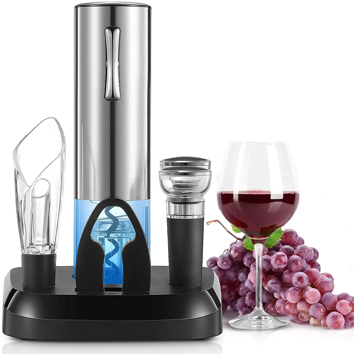 

Wine Opener, Cordless Automatic Wine Bottle Opener with Charging Base, Vacuum Freshener with 2 Stoppers, Foil Cutter,Wine Poure