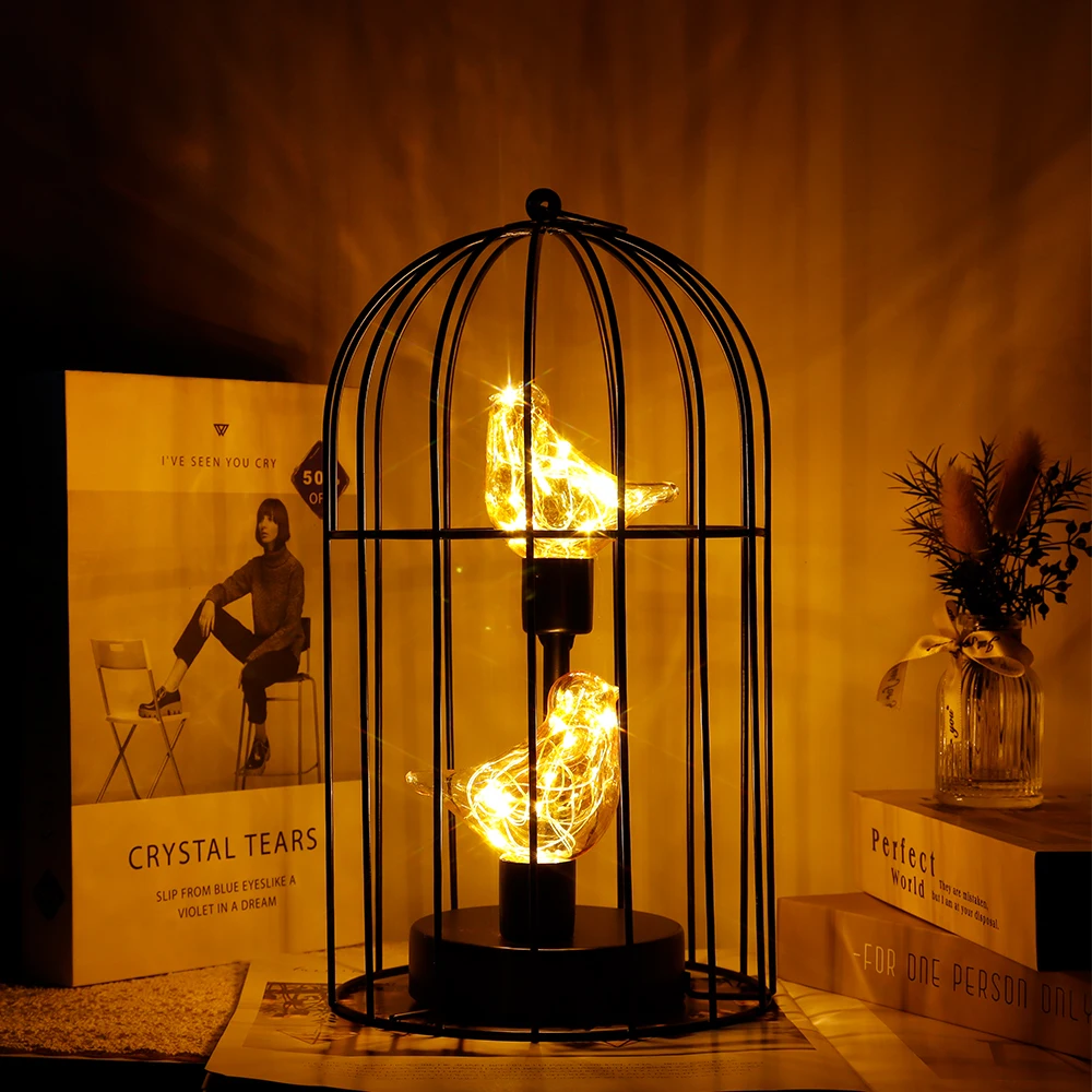 Фото Birdcage Decorative Table Lamp Battery Operated Cordless Accent Light with Warm White Fairy Lights Bird Bulb for Home Decor №2