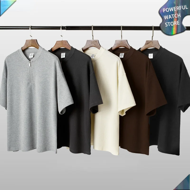 

2023 summer 260G waffle cardigan T-shirt breathable short-sleeved European American high street Fashion Solid loose tide Top