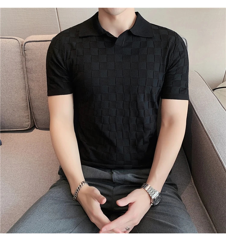 

High Quality 2022 Men Knitting POLO Shirts Male Slim Leisure V-Neck Short Sleeves Plaid Shirts Men's Elastic Black Shirts S-3XL