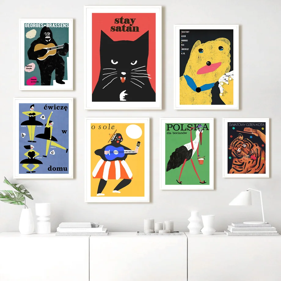 

Винтажный Забавный польский постер с черной кошкой и принтом, Настенная картина на холсте, Скандинавская иллюстрация, настенные картины для декора гостиной