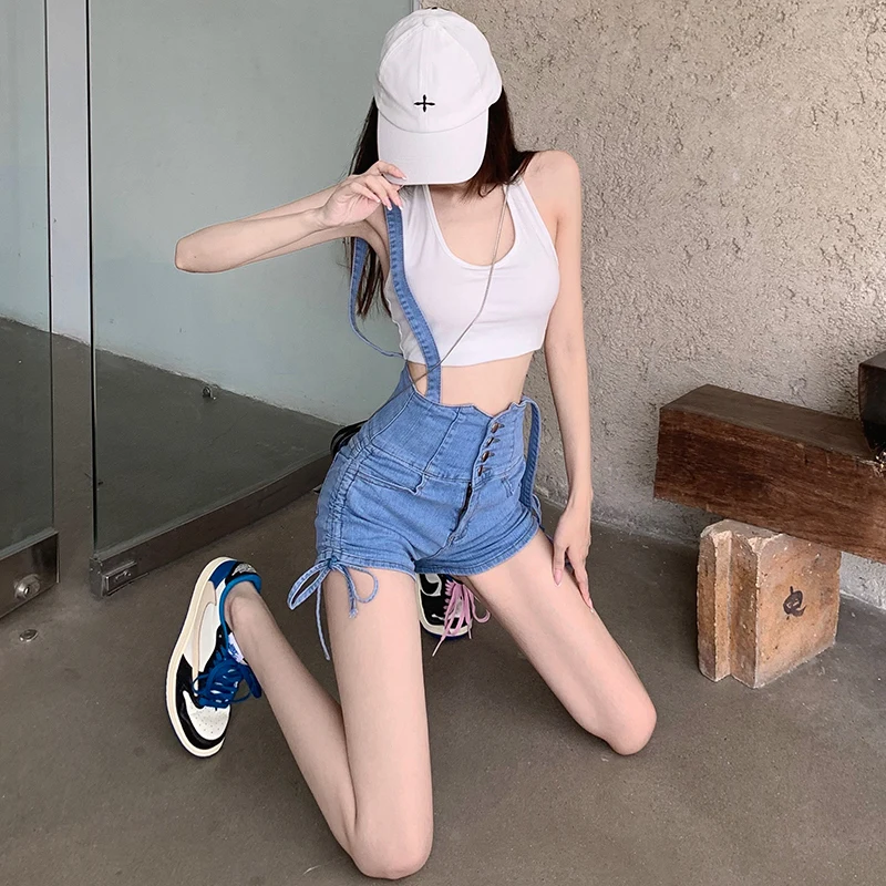 Denim Overalls Women's 2023 Summer New Detachable Two-wear Drawstring Shorts Slim High Waist Denim Rompers Overalls