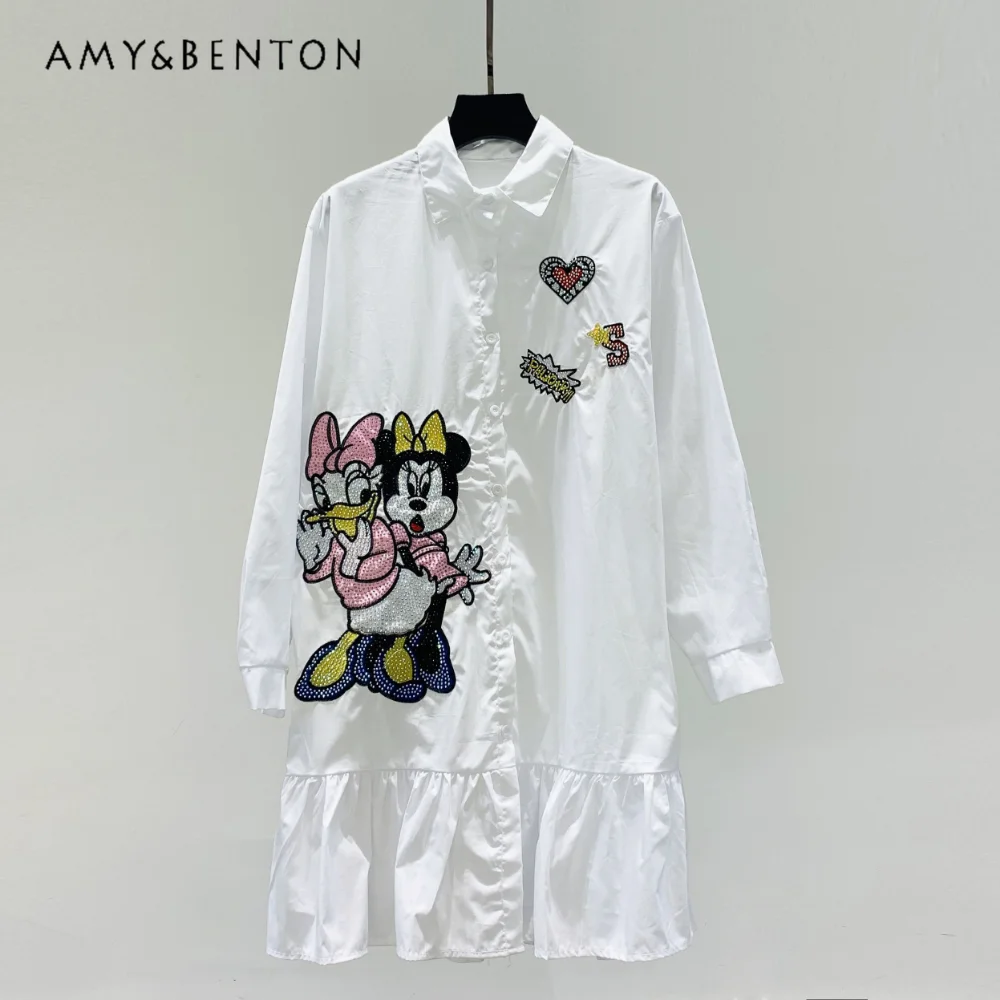 

2023 Spring New Blouse Cartoon Embroidered Hot Fix Rhinestone Shirt Women's Mid-Length Loose Shirts Dress Summer Blusas De Mujer