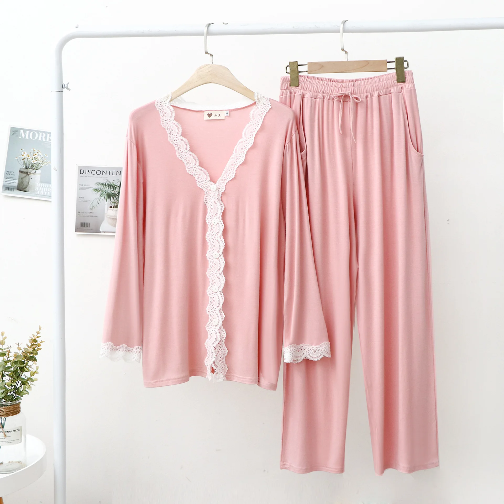 Lace Women Pajamas V Neck Cardigan Trousers Modal Show Temperament Simple and Stylish Soft Comfortable Tracksuit