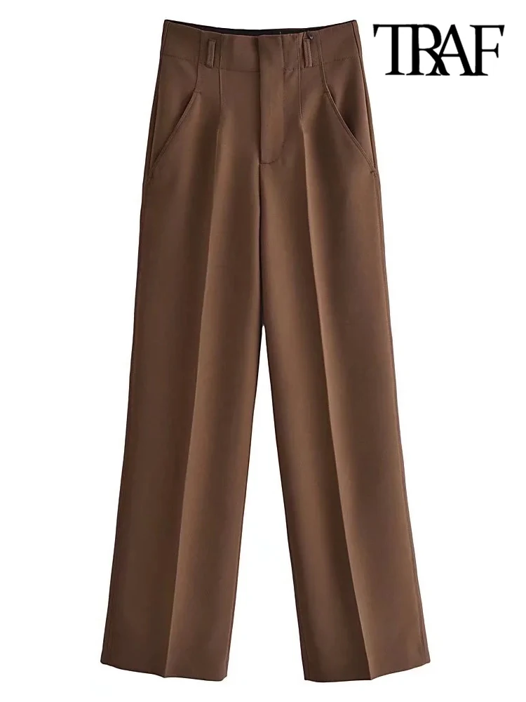 

TRAF Women Fashion Side Pockets Straight Pants Vintage High Waist Zipper Fly Female Trousers Mujer
