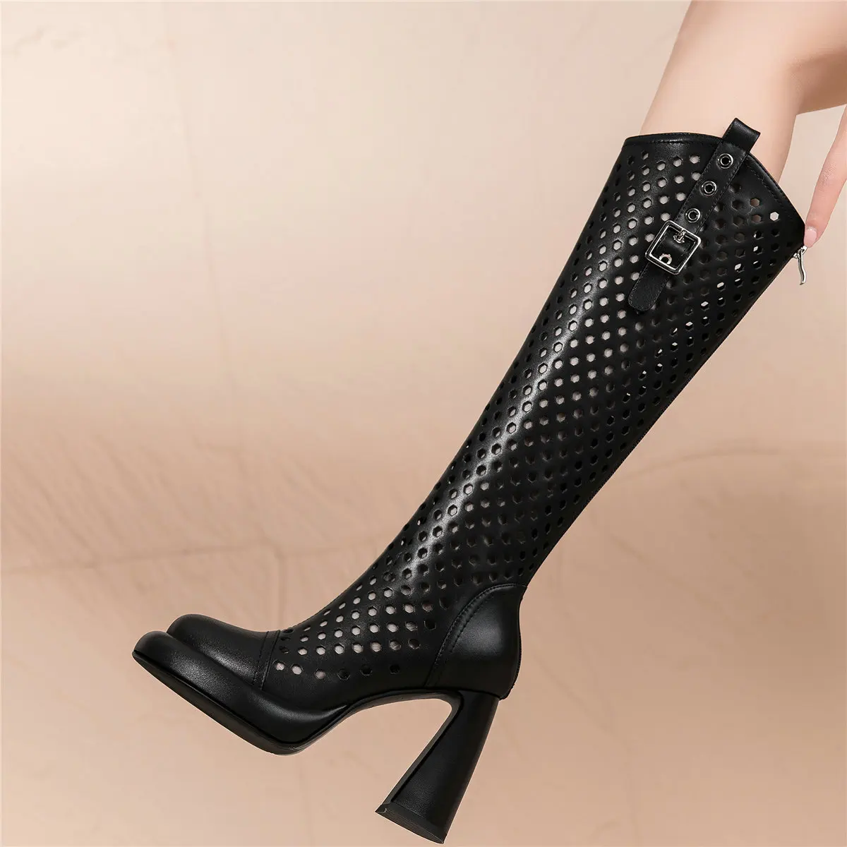 Platform Pumps Shoes Women Hollow Genuine Leather Knee High Boots Female Round Toe Thigh High Gladiator Sandals Casual Shoes