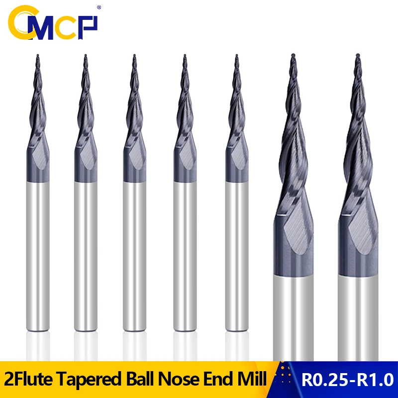 

CMCP R0.25-R1.0 2Flute Tapered Ball Nose End Mill CNC Machine Router Bit 1/4"Shank Carbide Endmills for Wood Milling Cutter