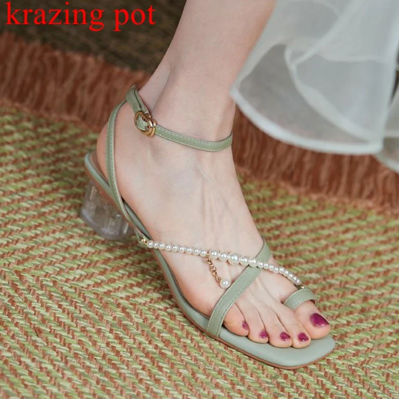 

Krazing Pot genuine leather fairy summer slip on med heels string bead fashion women applique flowers pearl street wear sandals