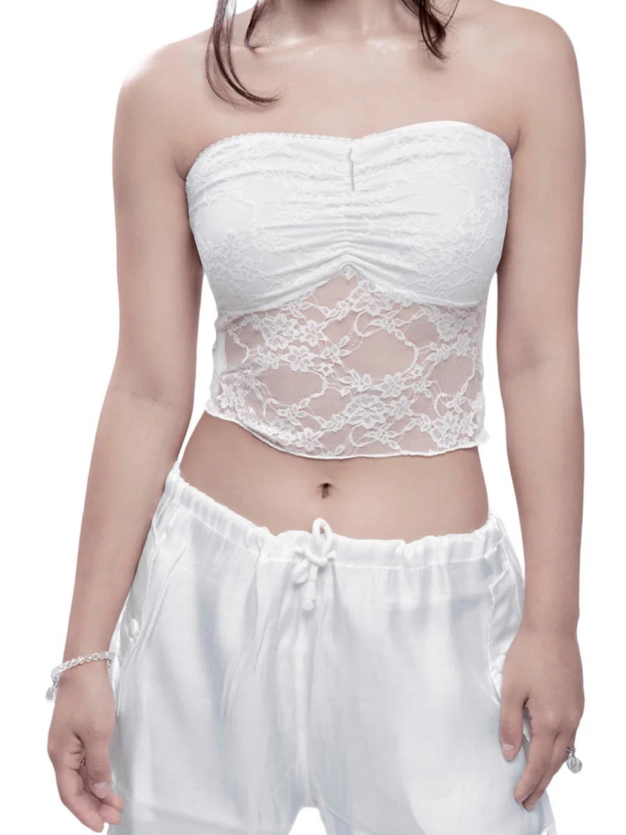 

Y2k Fashion Women Elastic Basic Bandeau Summer Casual Lace Patchwork Off-shoulder Sleeveless Crop Tops Streetwear Club Wear