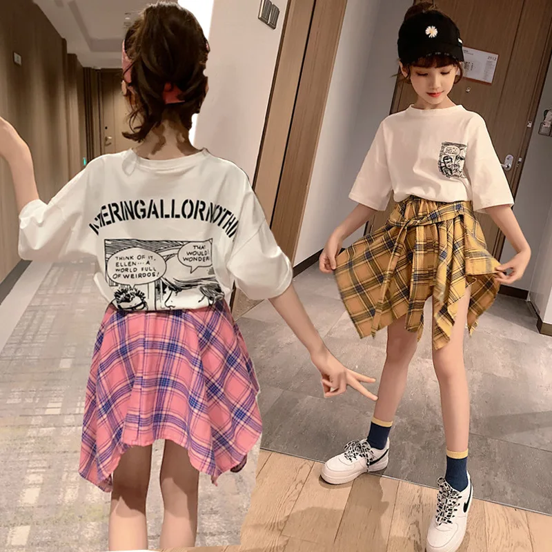 

Junior Girl Clothes Summer Short Sleeve T-Shirt Top & Plaid Skirt 2Pcs Set Kids Loungewear Teen Girls Cartoon Letter Print Suits