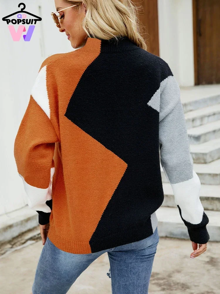 Женский свитер с геометрическим узором Свободный пуловер круглым вырезом и