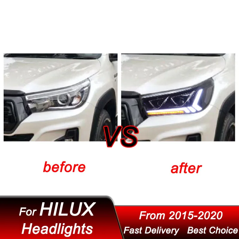 Фото Светодиодные фары для Toyota HILUX REVO 15-20, обновленный стиль, полный комплект LED-фар с проекционными линзами, аксессуары для тюнинга. №2