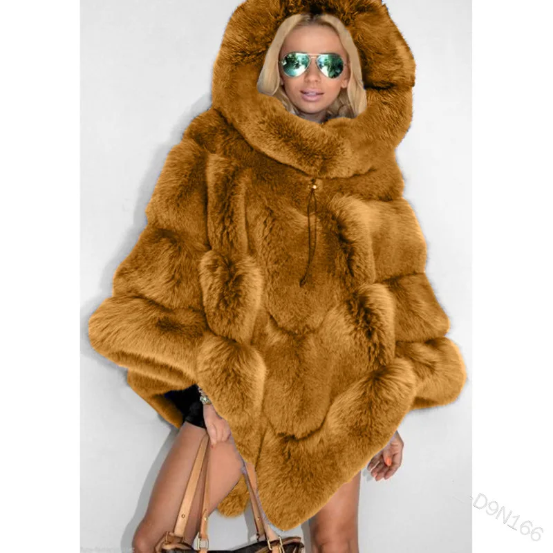 Women's Leather Fur Coat Hooded Imitation Fur Stitching Baggy Coat Fashion Cloak Women Faux Fur Coat