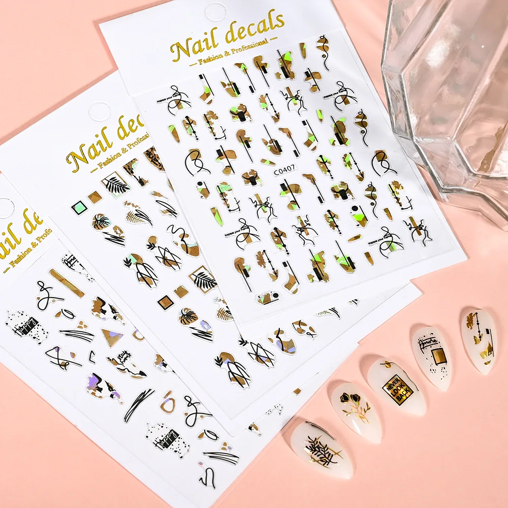 

1 Sheets Rose Black Gold Nail Art Stickers 3D Self-Adhesive Graffiti Fun Abstract Leopard Print Botanical Line Nail Design