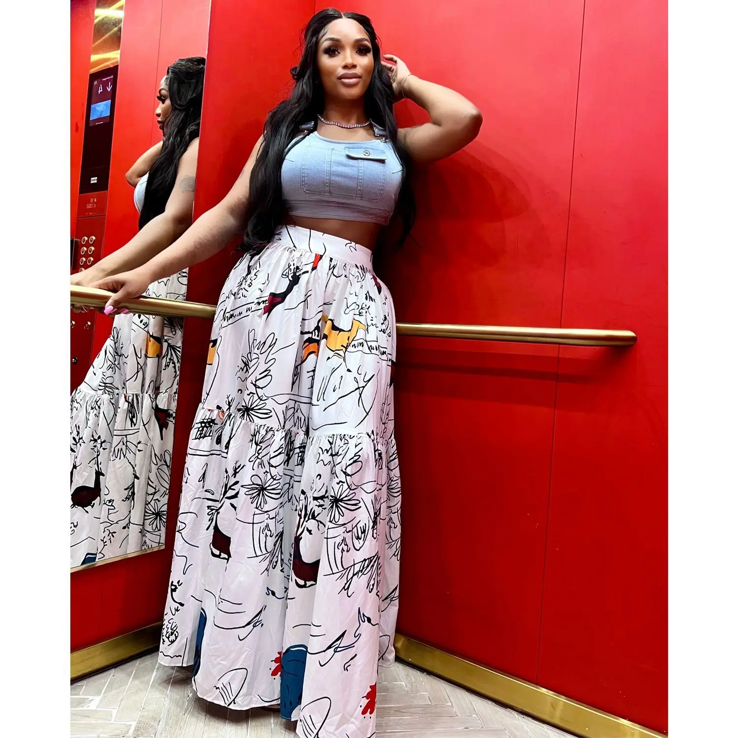 

Women Vintage Graffiti Printed High Waist Big Swing Maxi Long Skirt 2023 Temperament Summer Fashion White Beach Holiday Skirts