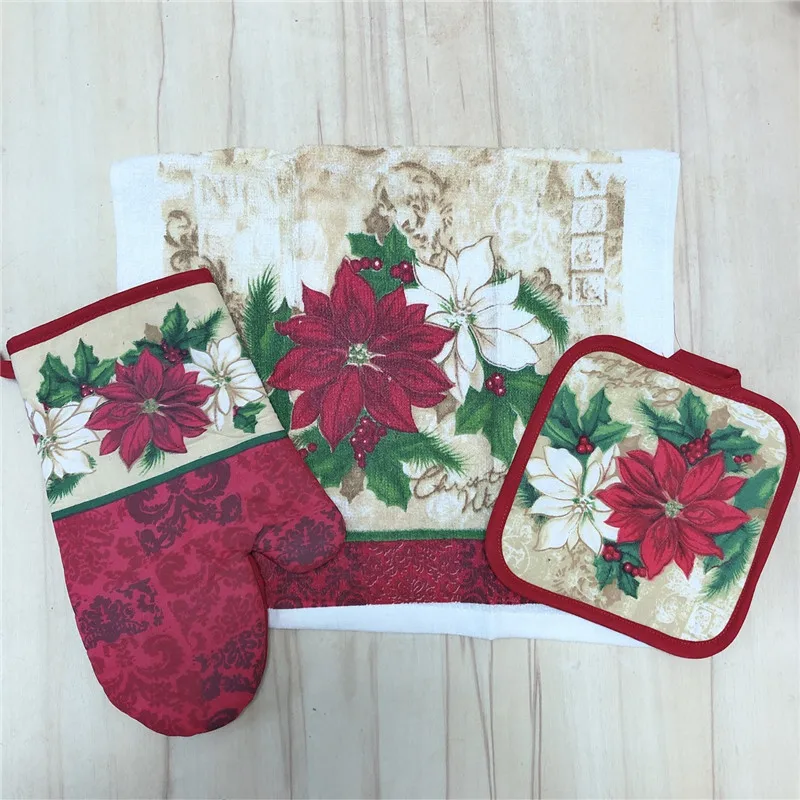 

3Pcs/Set Cotton Printed Christmas Red Peace Flower Kitchen Insulation Glove Potholder Placemat Towel Xmas Gift