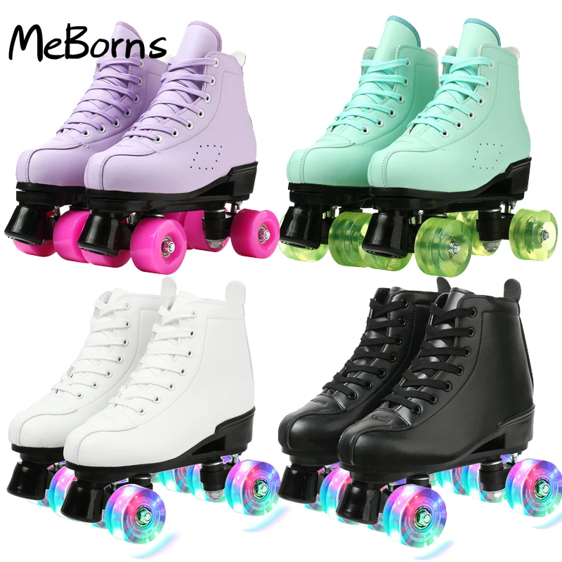 

Women White PU Leather Roller Skates Skating Shoes Sliding Inline Quad Skates Sneakers Training Europe Size 4 Wheels Flash Wheel