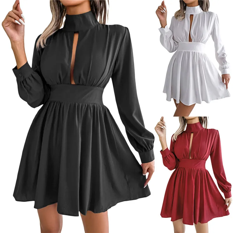 

Платье-трапеция женское с длинным рукавом, элегантное однотонное повседневное Свободное платье с ложным воротником, на пуговицах, с вырезами на спине, с завышенной талией, для отдыха