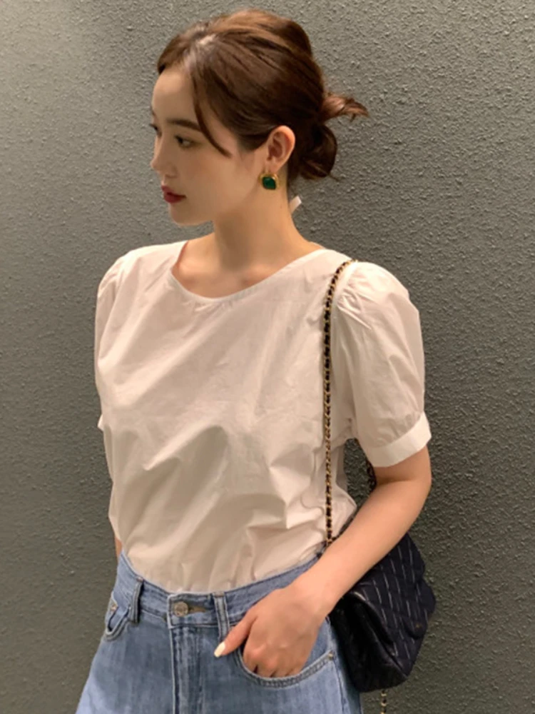 

Gaganight Women O neck Hollow Open Back Drawstring Tie Top 2022 Korean Summer French Temperament Loose Puff Sleeve Shirt Female