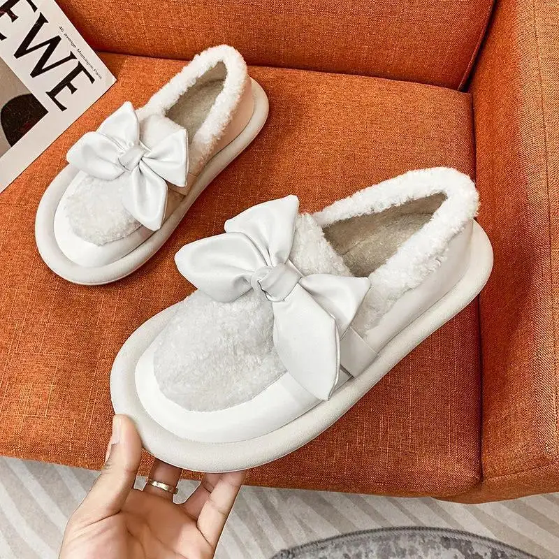 35-43 Plus Size New Winter Warm Fur Shoes Women Flats Beading Moccasins Outside Loafers Ladies Bowknot Peas Shoes