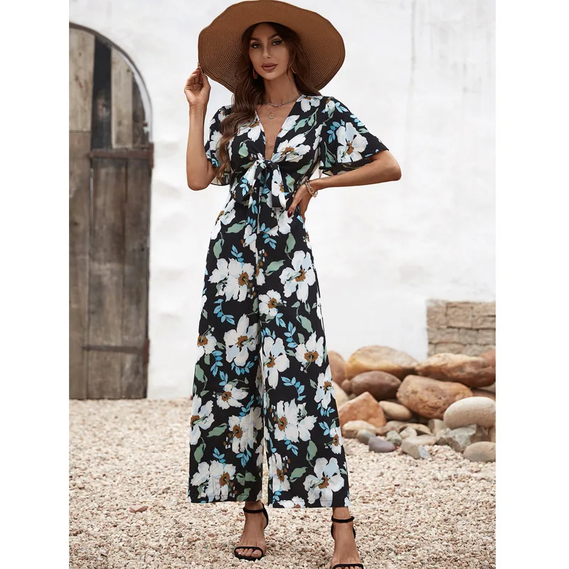 Women Classy And Chic Jumpsuit Fashion With Baggy Bodysuit 2022 Summer V-Neck Short Sleeve Bow-Tie Female High Waist