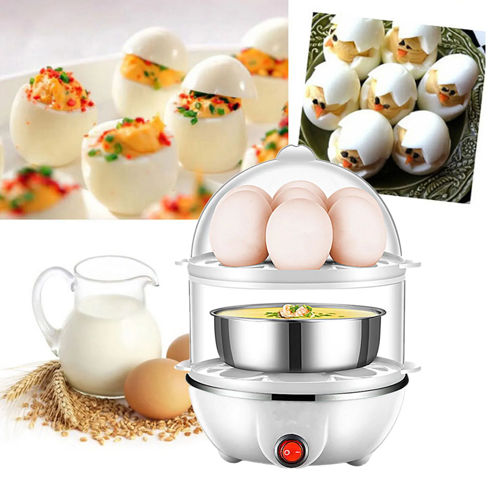 

Mini Electric Egg Boiler Multifunctional 2-Layer Breakfast Maker Automatic Power Off US Plug with Measuring Cup Kitchen Gadgets