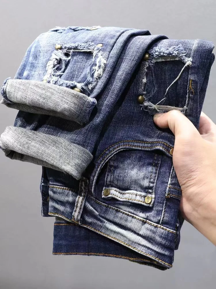 Four Seasons Metal Nailed Jeans for Men's Casual Slim Fit Cotton Elastic Scratched Holes Long Pencil Pants Tight High Street  24