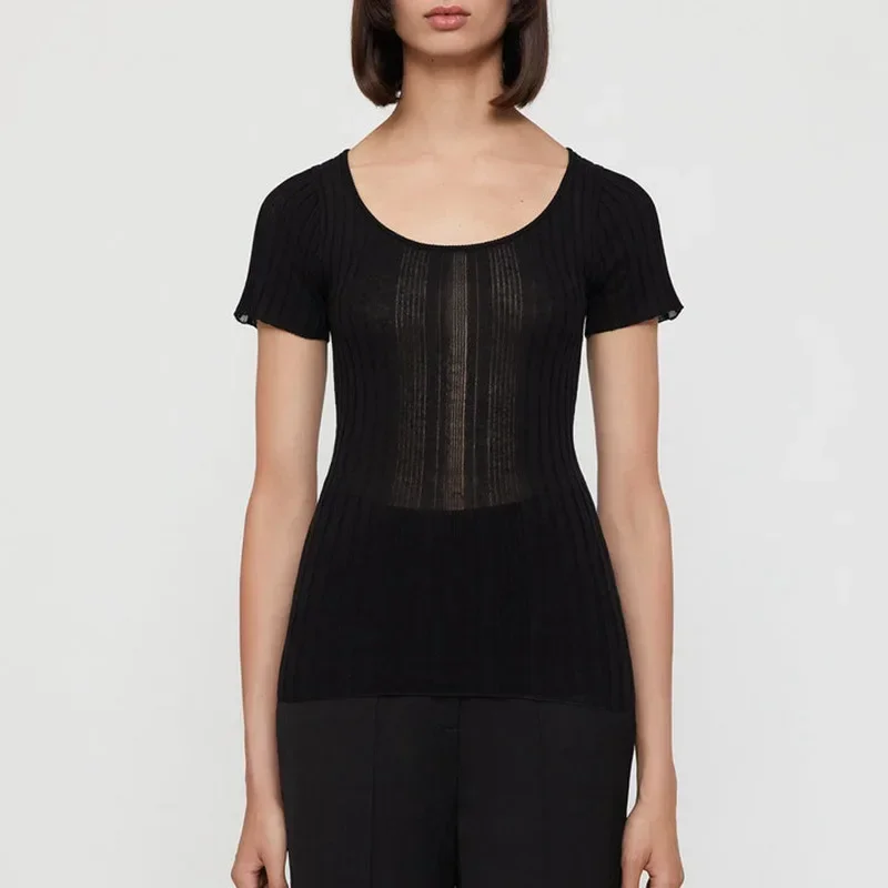 

Весенне-летняя темпераментная Приталенная футболка с круглым вырезом и коротким рукавом Женский пуловер вязаный свитер Топы