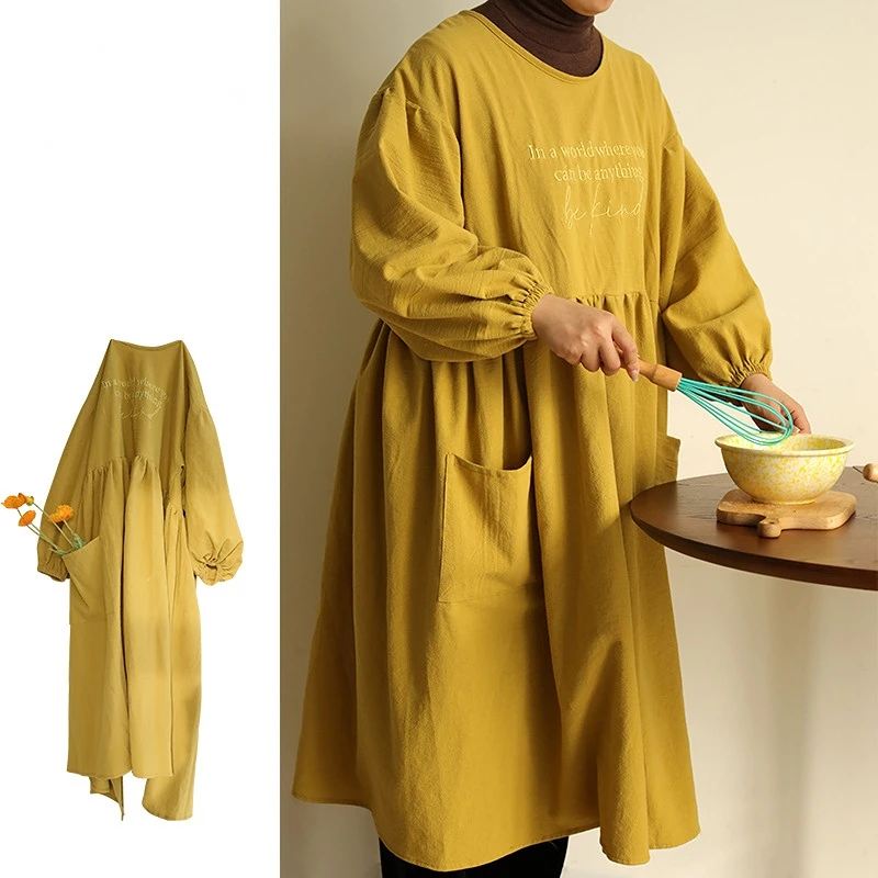 

All-inclusive Gown French Large Size Plus Widening Pure Cotton with Sleeves Pure Cotton Sleeve Apron Baking Cleaning Apron
