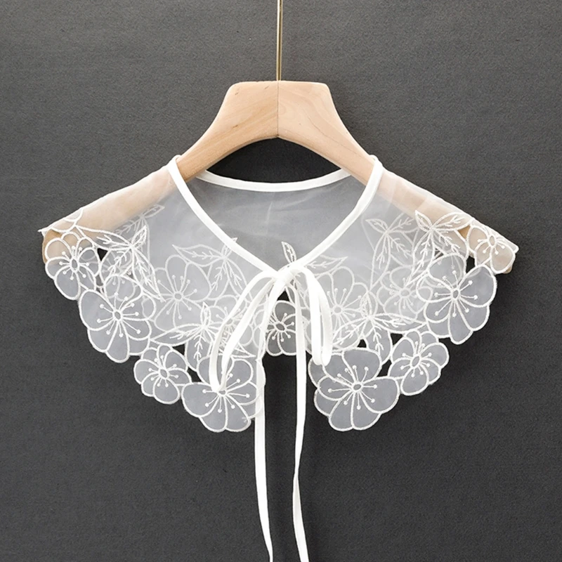 

Women Lolita Decorative Fake Doll Collar Lace Shawl Capelet Hollow Out Embroidery Layered Dickey Mini Cape Self-Tie Ribbon Sheer