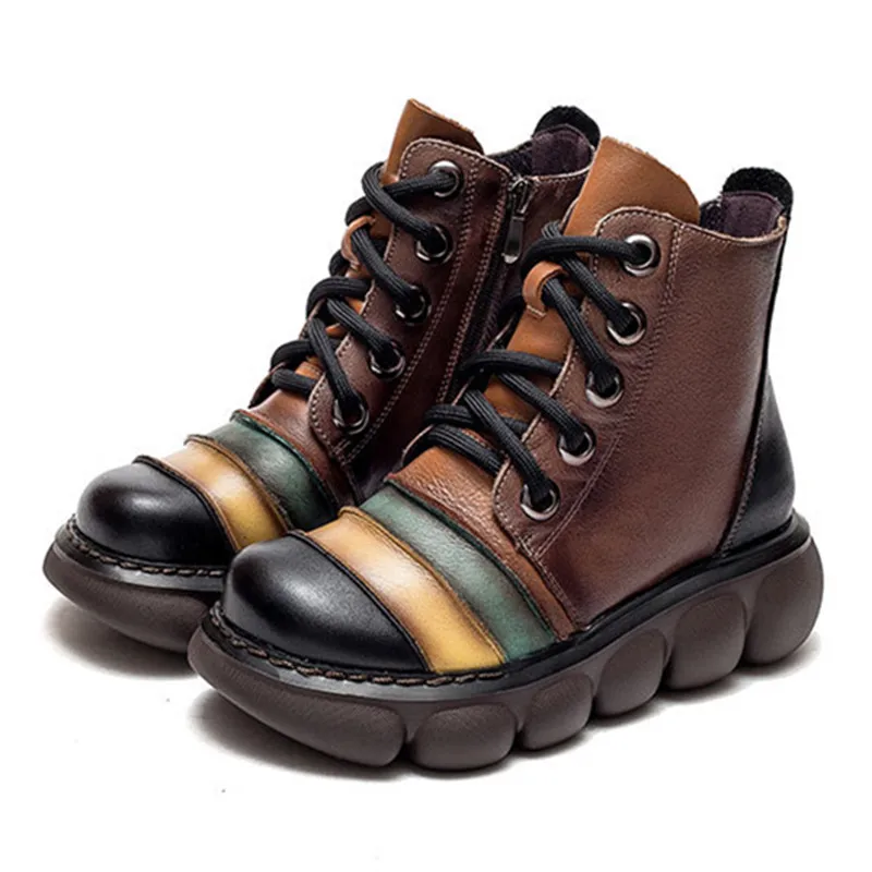 

Женские полусапожки на платформе, повседневные радужные полусапожки из натуральной кожи, с высоким верхом, в этническом ретро стиле, Осень-зима