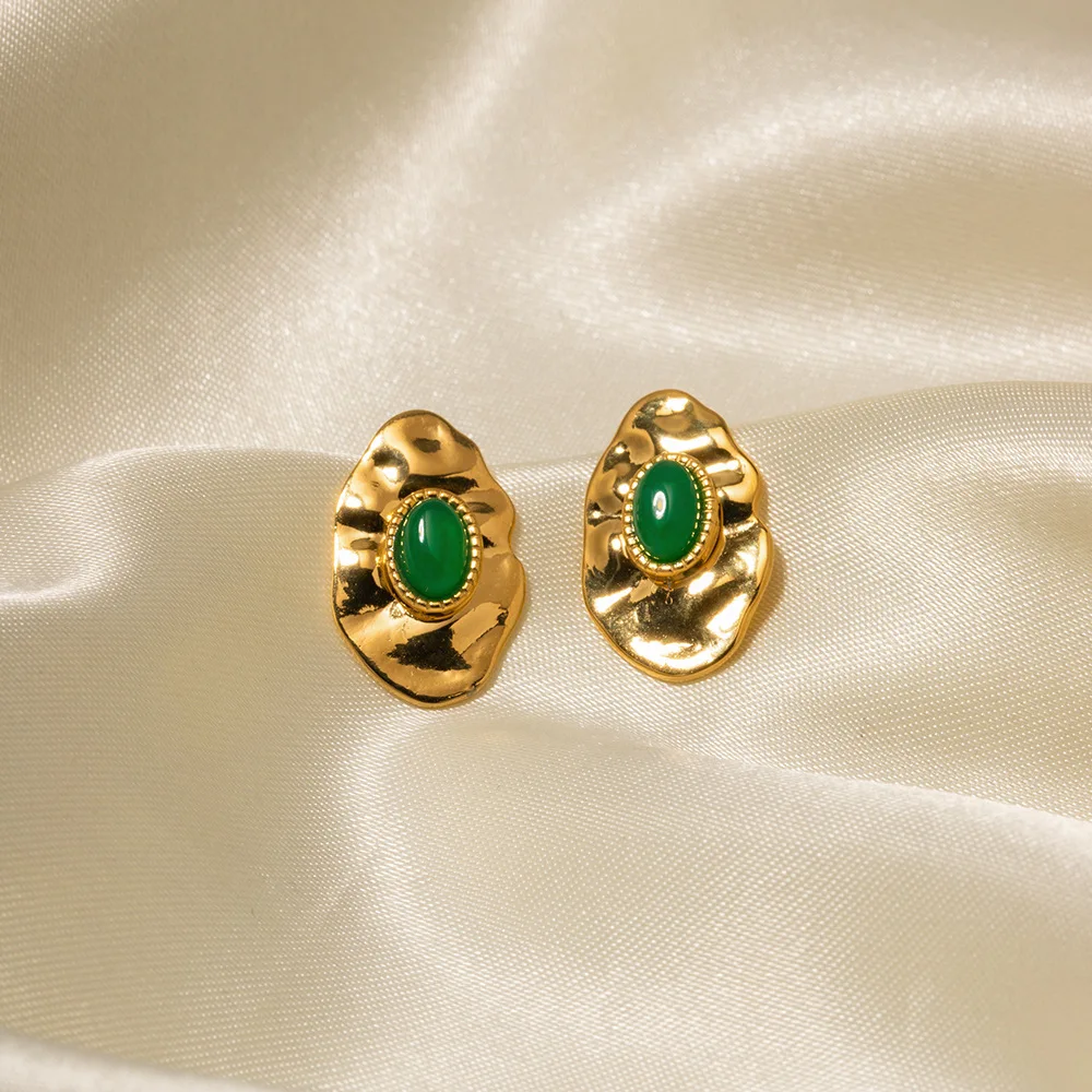 Stainless Steel PVD 18K Gold Plated Tarnish Green Stone Eye Stud Earrings  For Woman Jewelry Wholesale INS Trendy
