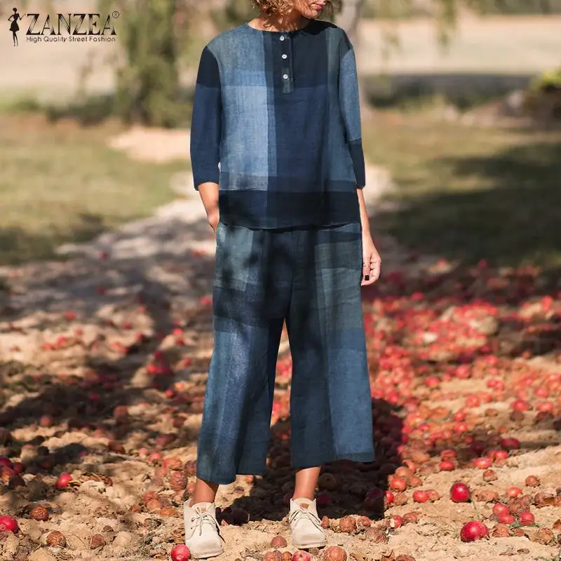 

2PCS Vintage Plaid Checked Suits ZANZEA Women Matching Sets Summer Pant Sets Casual O Neck 3/4 Sleeve Tops AND Wide Leg Pants