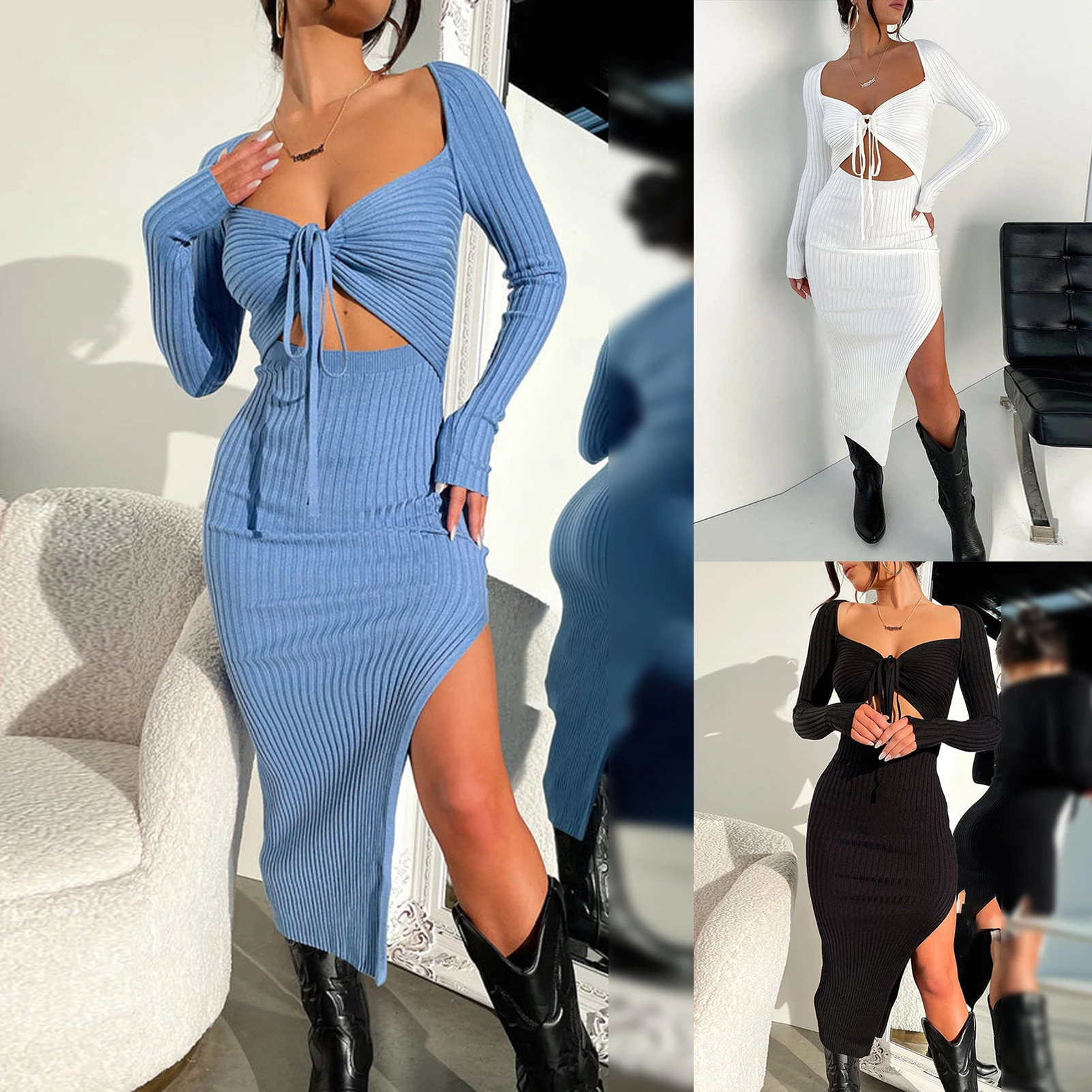 

Solid Knitted Hollow Out Women Skinny Dress Pullover High Waist Dress Solid Color Hollow Out Lace Up Sexy Dress for Ladies Party