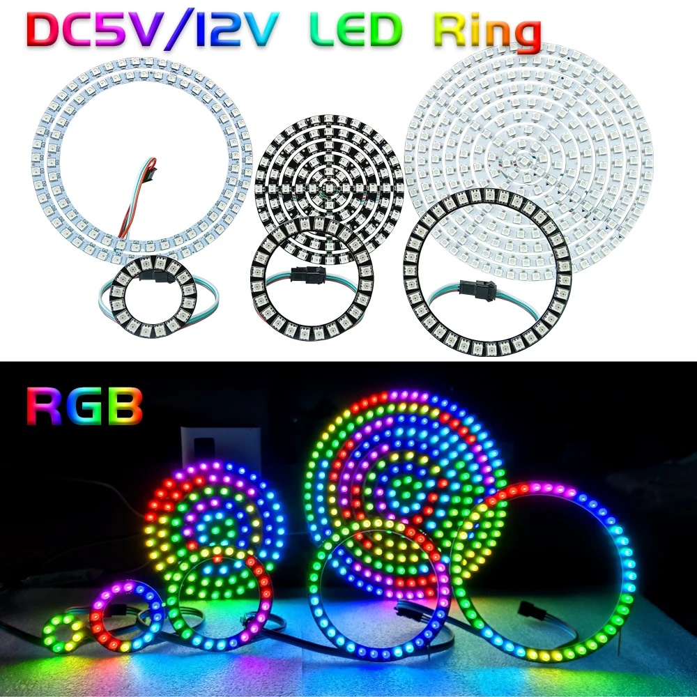 Фото DC5V 12V WS2812B SK6812 Luces Led Ring Smart 5050 RGB BuiIt-in IC 3-контактный индивидуально адресуемый пиксельный круглый модуль света №1