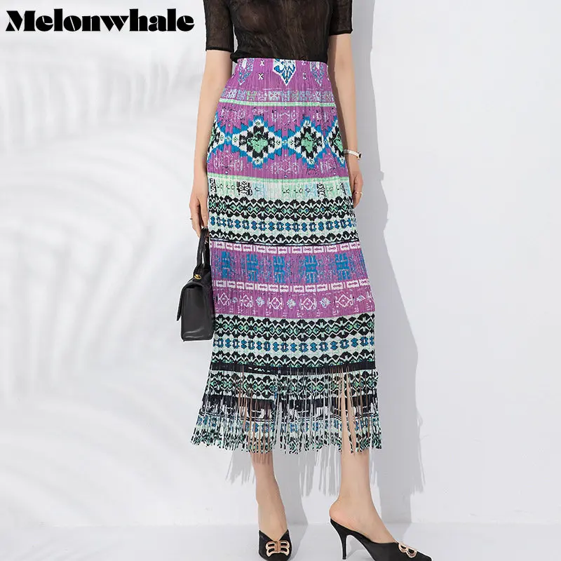 

MelonWhale Bohemia Miyake Vintage Printed Pleated Tassels Skirt 2023 New Summer Elegant Fringe Slim Long Skirt Korean Clothes