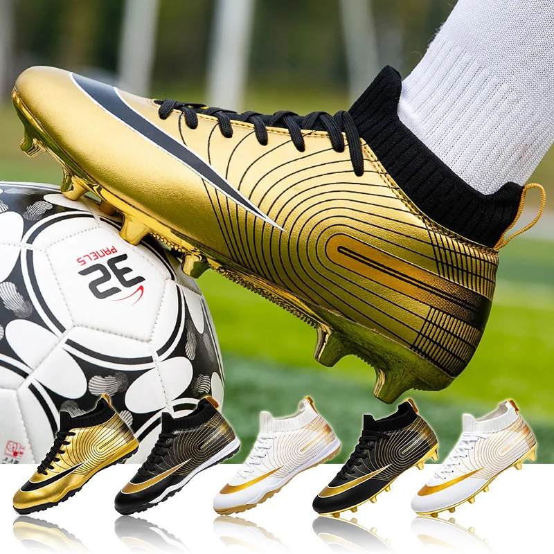 

Luxury Gold Soccer Shoes Man Long Spikes Football Boots Kids Outdoor Grass Cleats Turf Football Shoes Boys Training Soccer Boots