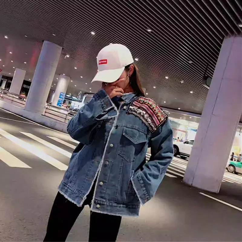 Женская джинсовая куртка в стиле бохо винтажное пальто с цветочной аппликацией и