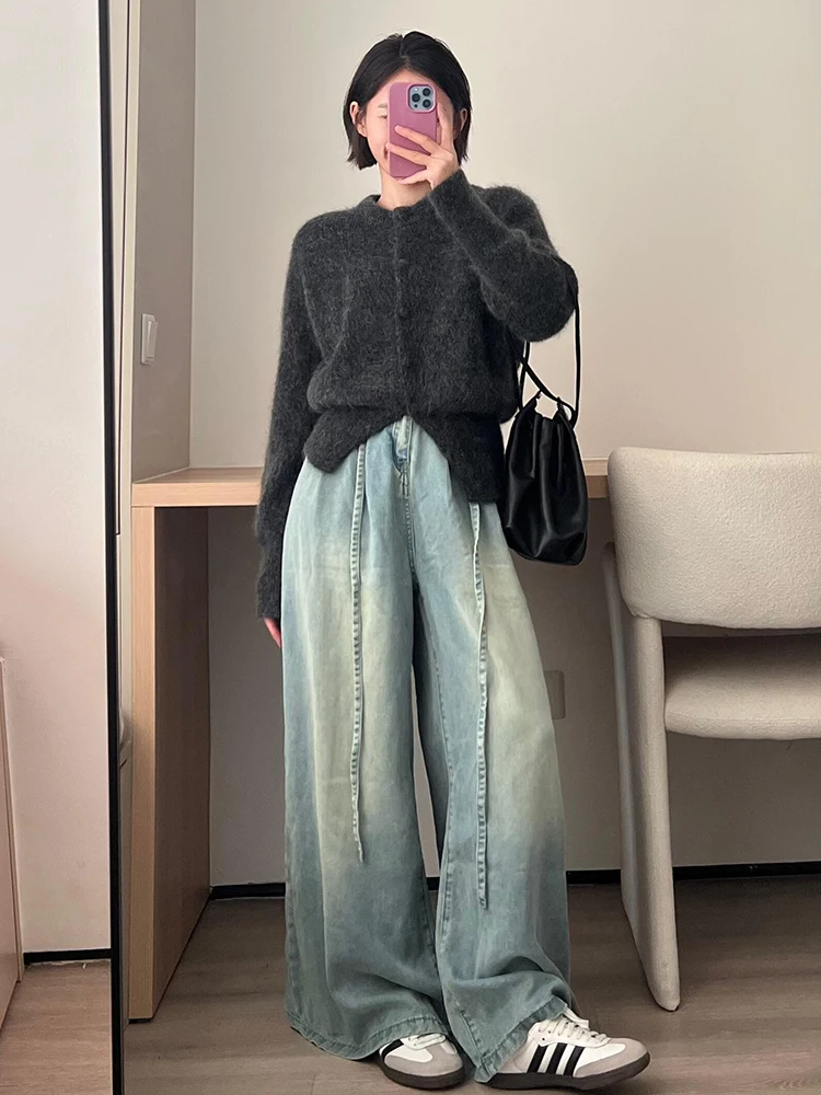 Женский свободный трикотажный свитер с длинным рукавом и круглым вырезом