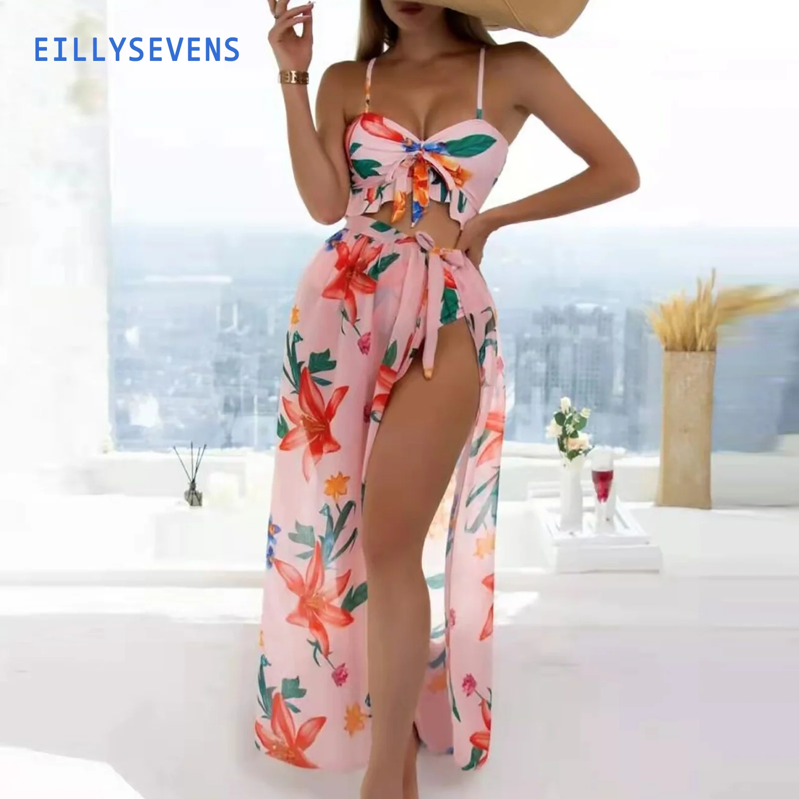 

Комплект бикини с цветочным принтом из 3 предметов, 2023, женский купальник с оборками, женский купальник с высокой талией и юбкой, Пляжное бикини для купания, мужское бикини