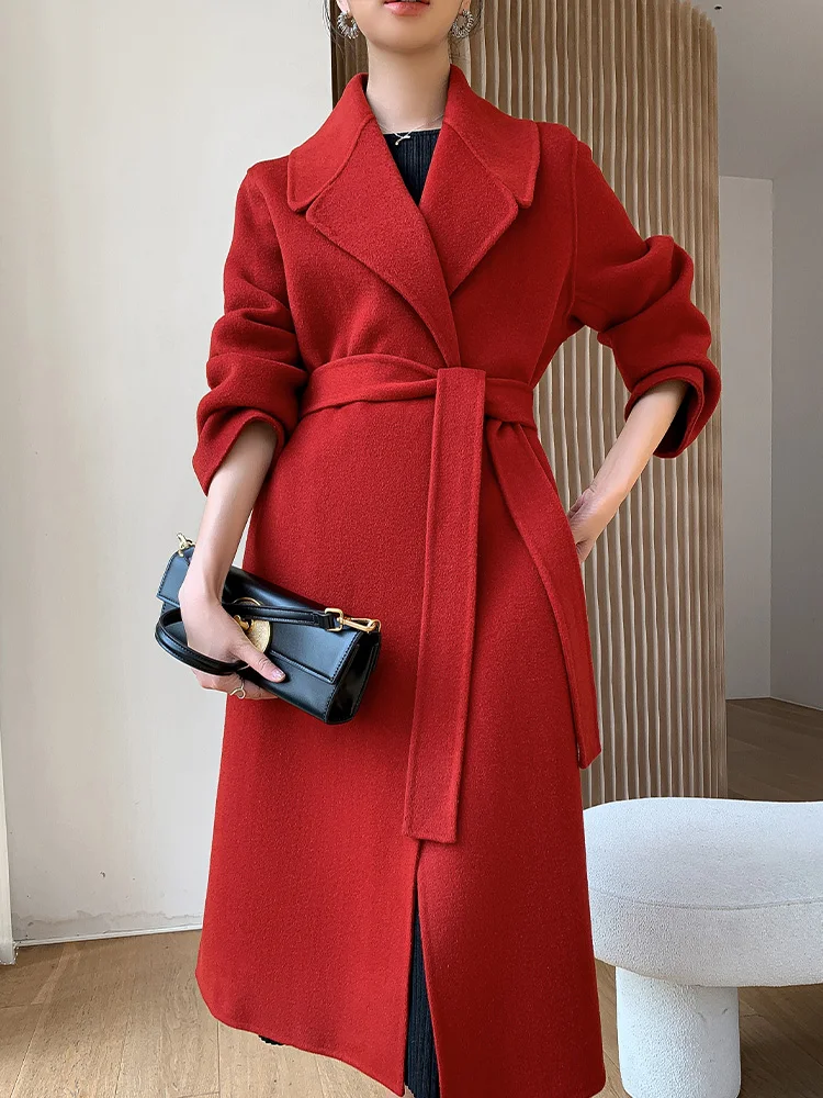 

LONGMING 100% Merino Wool Coats Women's Winter 2022 New Red Woolen Jacket Elegant Overcoat Ladies Autumn Clothing Korean Fashion