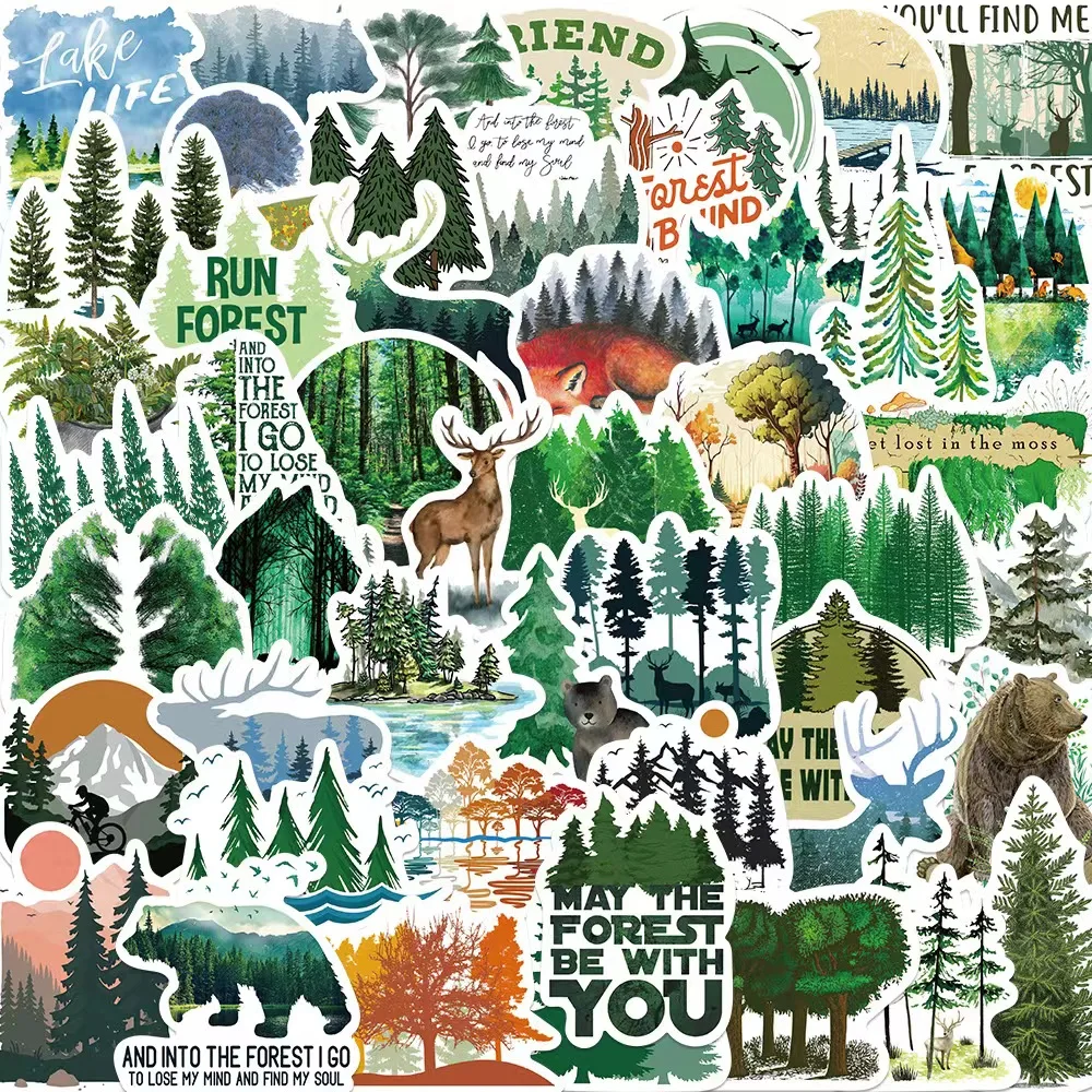 

50Pcs/Pack Green Forest Stickers Trees Animals Waterproof Vinyl Decals for Water Bottles Bicycle Laptop Refrigerator Luggage