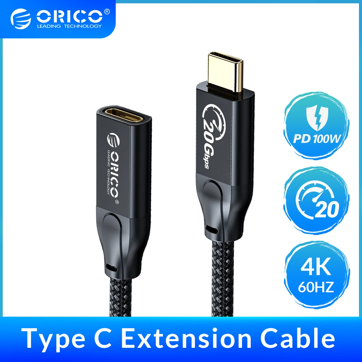

ORICO USB C Extension Cable Fast Charge 100W 20Gbps Data Transfer HD 4K @60Hz Braided Type C Extender Cord Male to Female