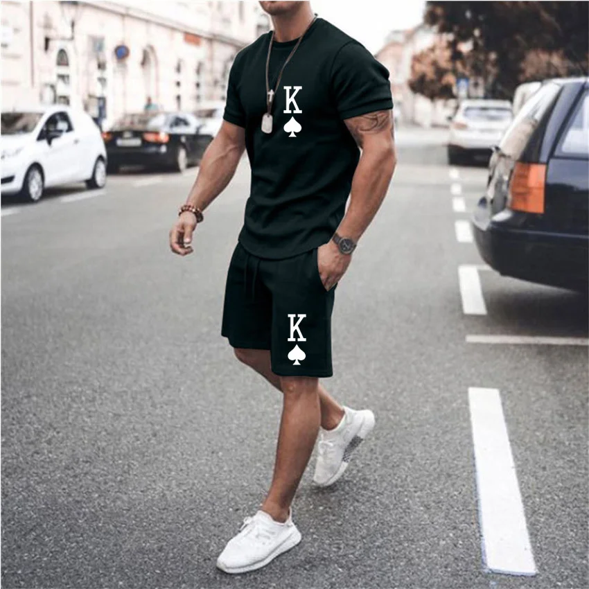 Summer Men's Casual Street Beach Shorts Set 3D Printing Color Solid Color Crew Neck Street Hip Hop Short Sleeve Two-piece Set